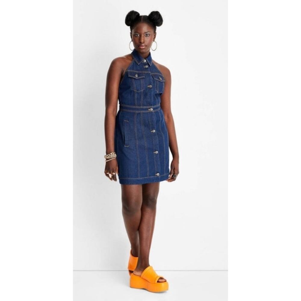 Future Collective Alani Noelle Denim Halter Mini Dress, 6